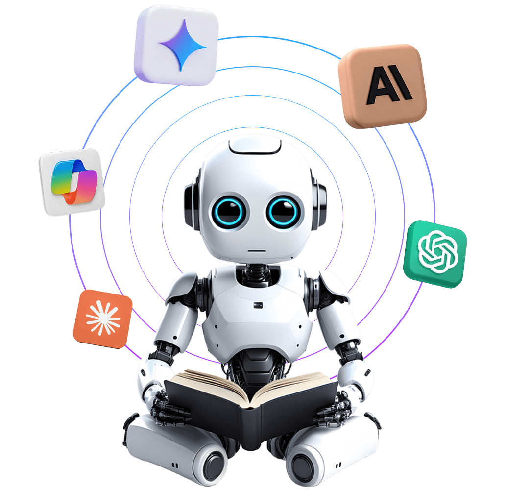 AI agent robot reading a book surrounded by connected AI tool icons