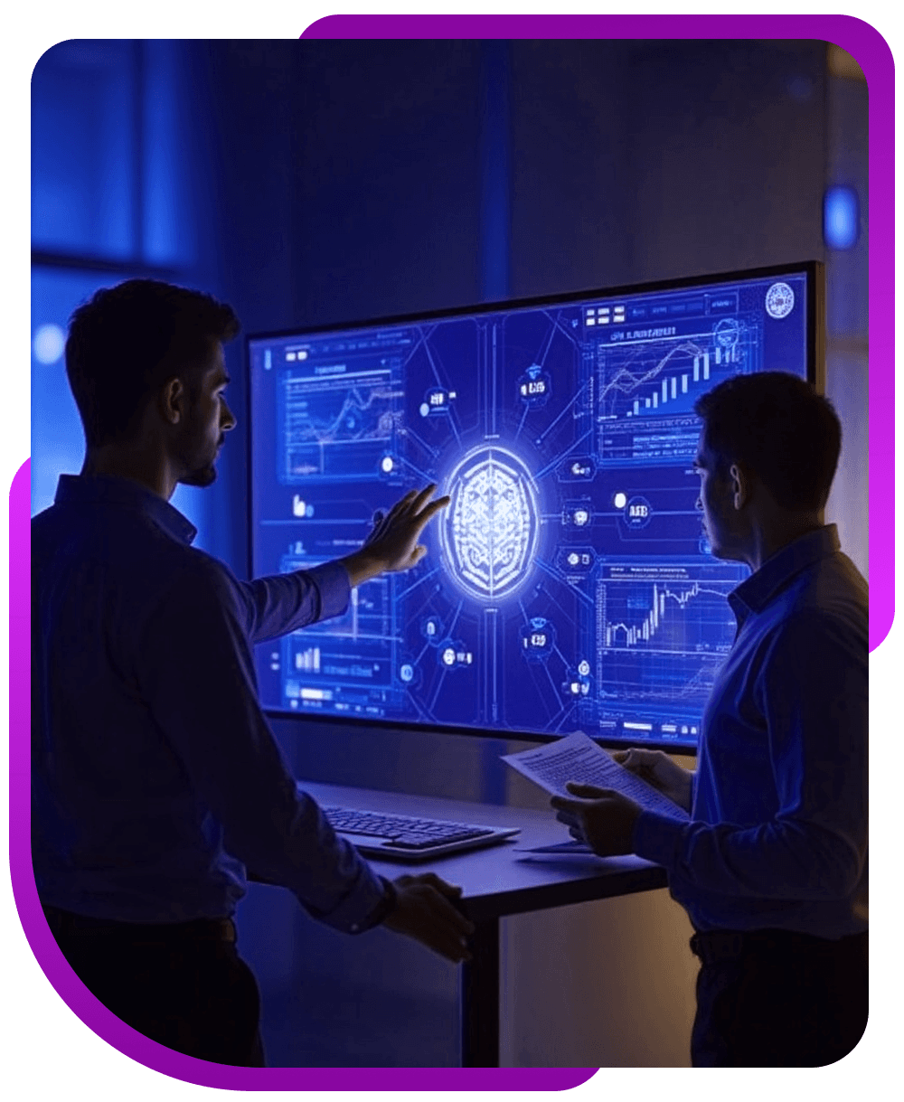 Two professionals reviewing AI analytics on a large digital display