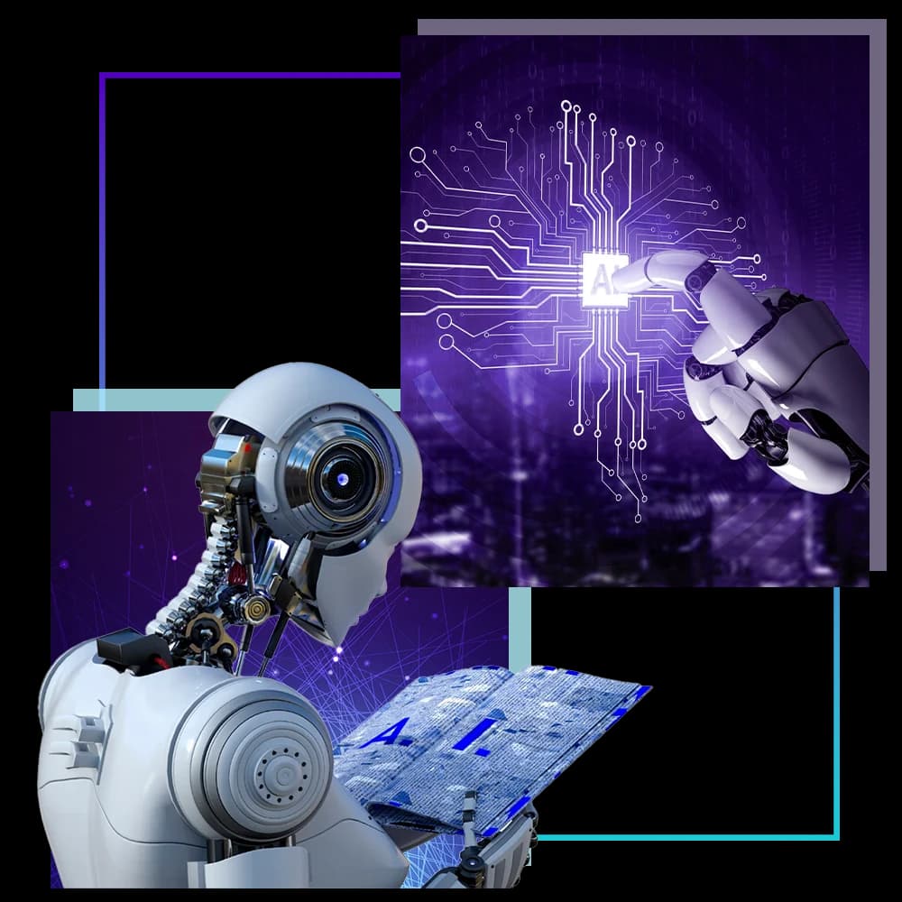 AI robot interacting with a glowing AI circuit chip