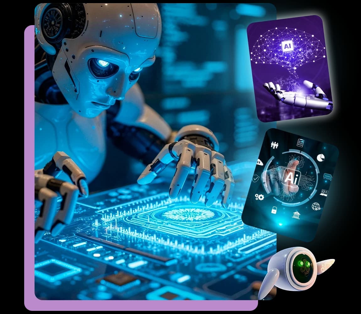 AI robot working on a glowing circuit board with AI interface cards