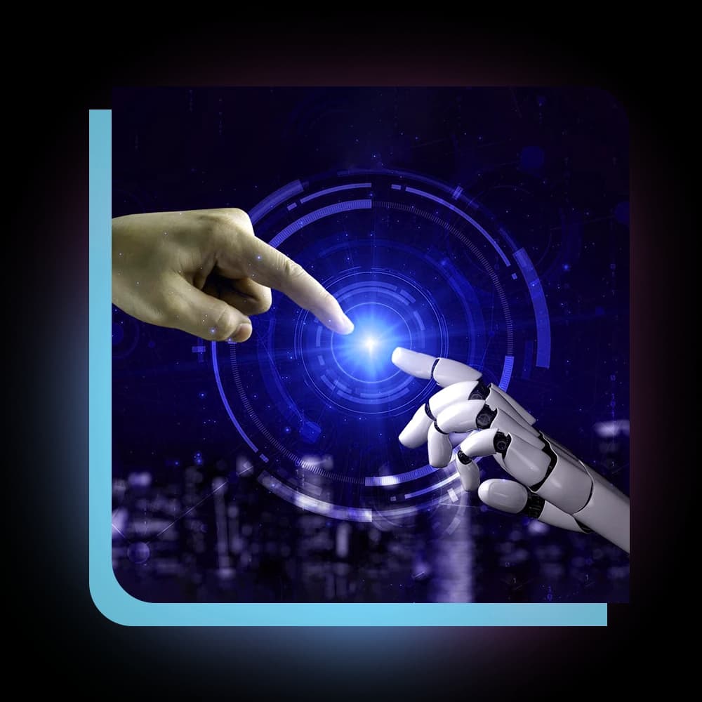 Human hand reaching toward a robotic hand across a glowing AI interface
