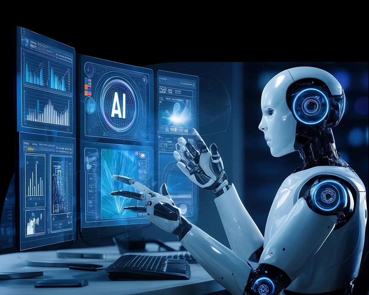 AI robot interacting with holographic analytics dashboards