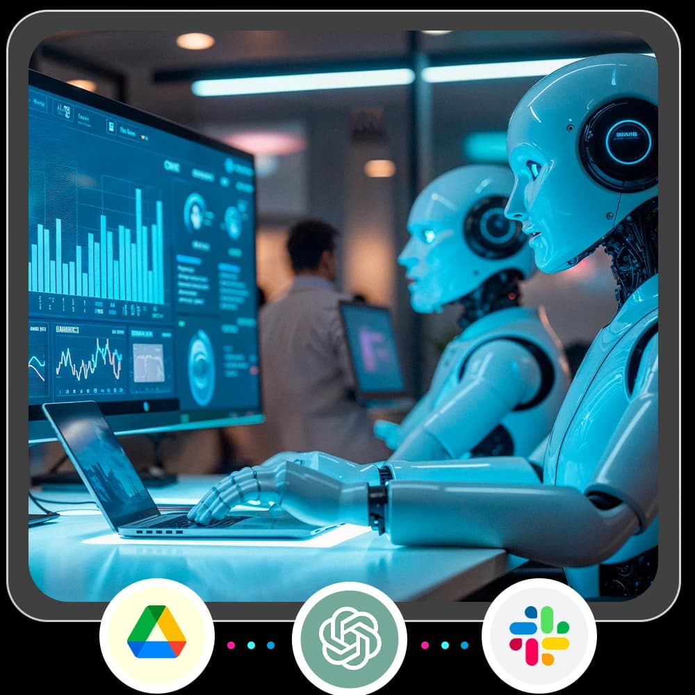AI robots analyzing data dashboards, connected to Google Drive, ChatGPT and Slack