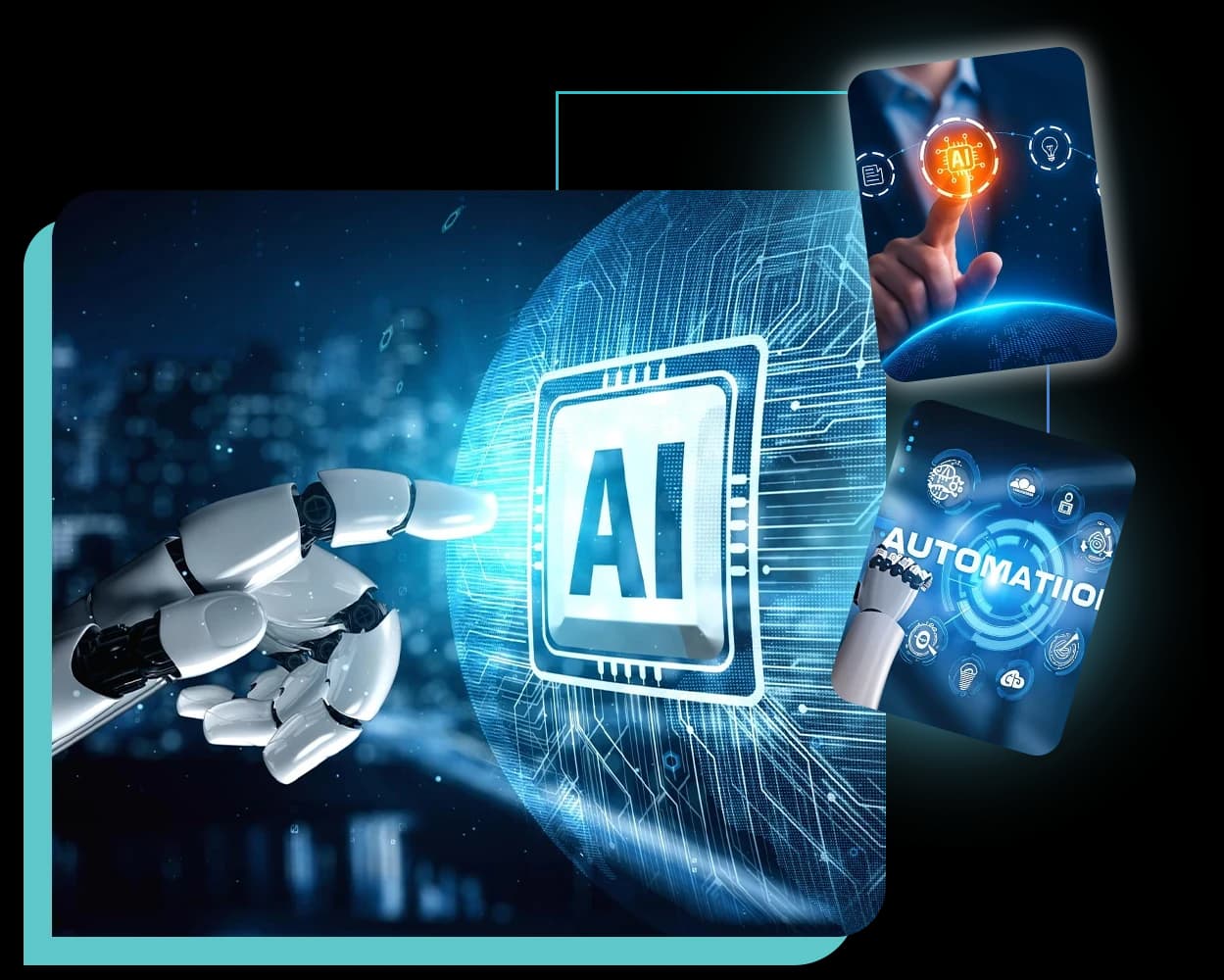 Robotic hand touching an AI chip beside automation interface cards