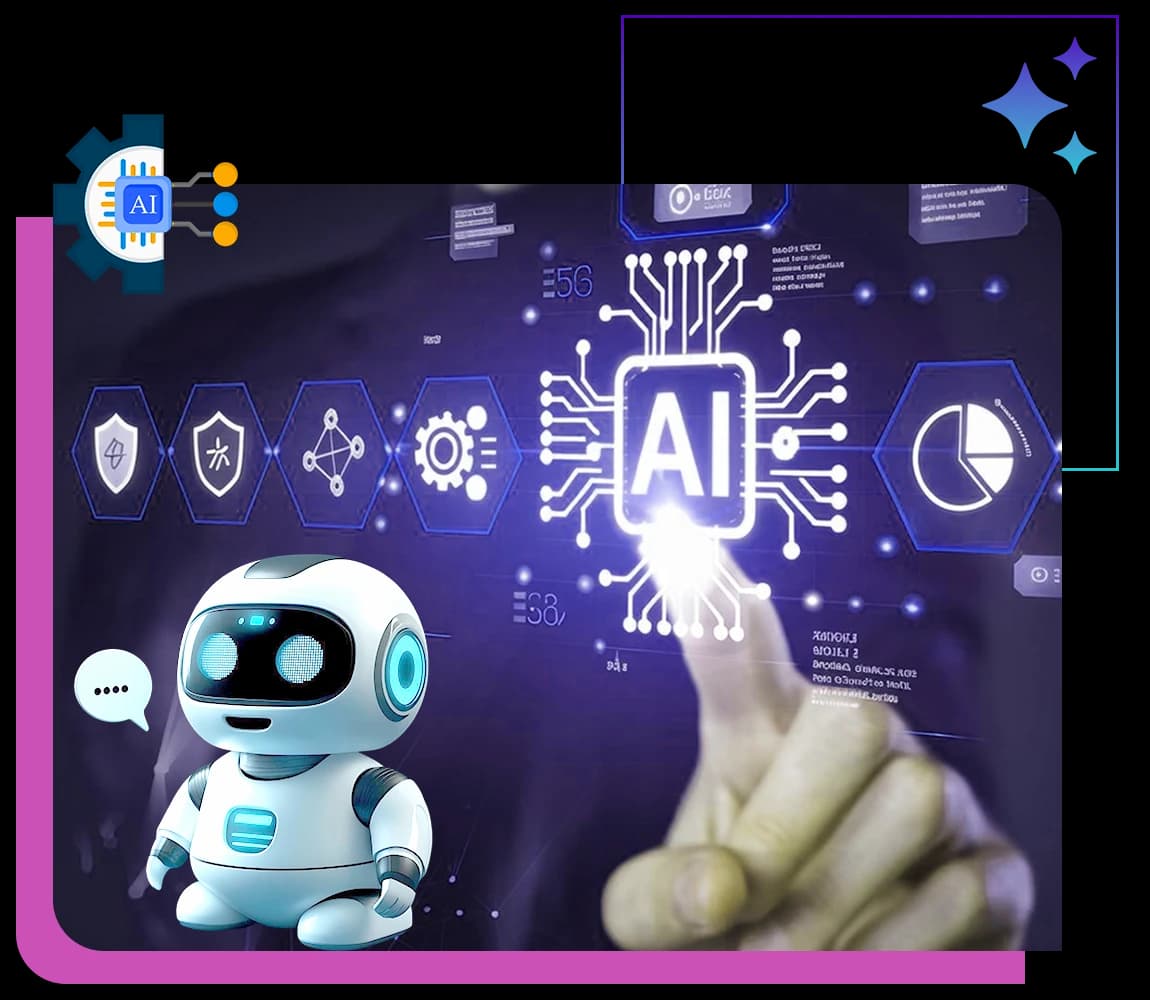 Friendly AI robot beside a glowing AI chip interface being touched by a hand