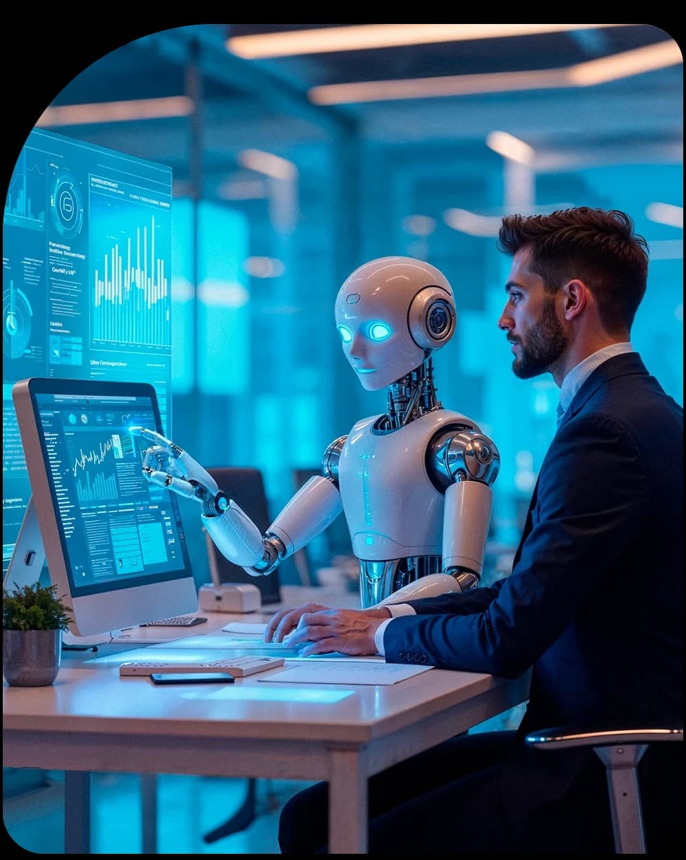 Professional working at a desk with an AI robot assistant