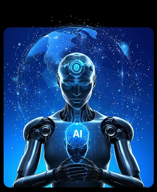 Humanoid AI robot holding a glowing AI brain in front of a digital globe
