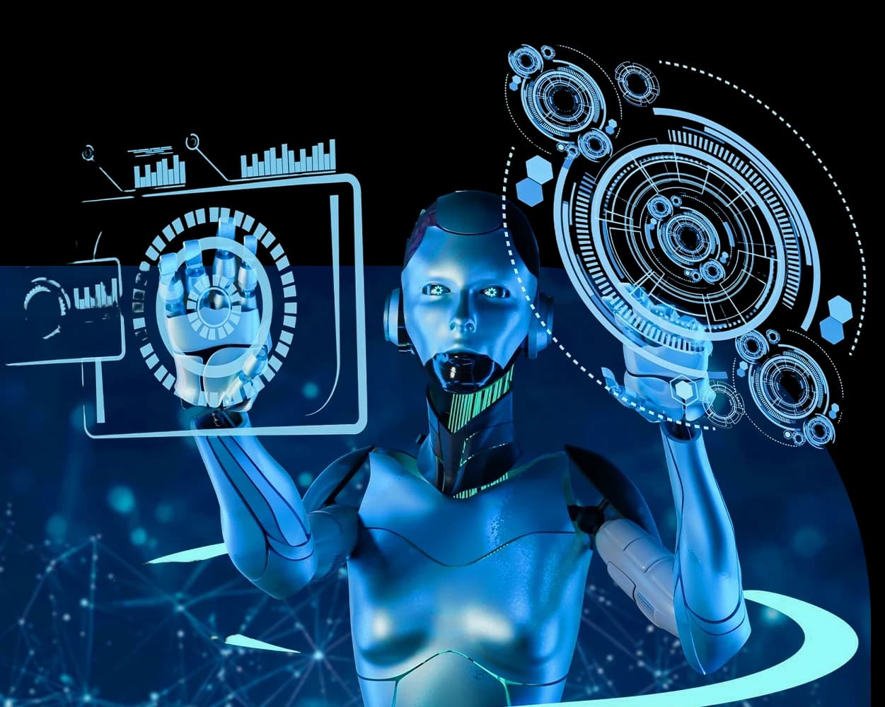 Futuristic AI robot interacting with holographic data interfaces