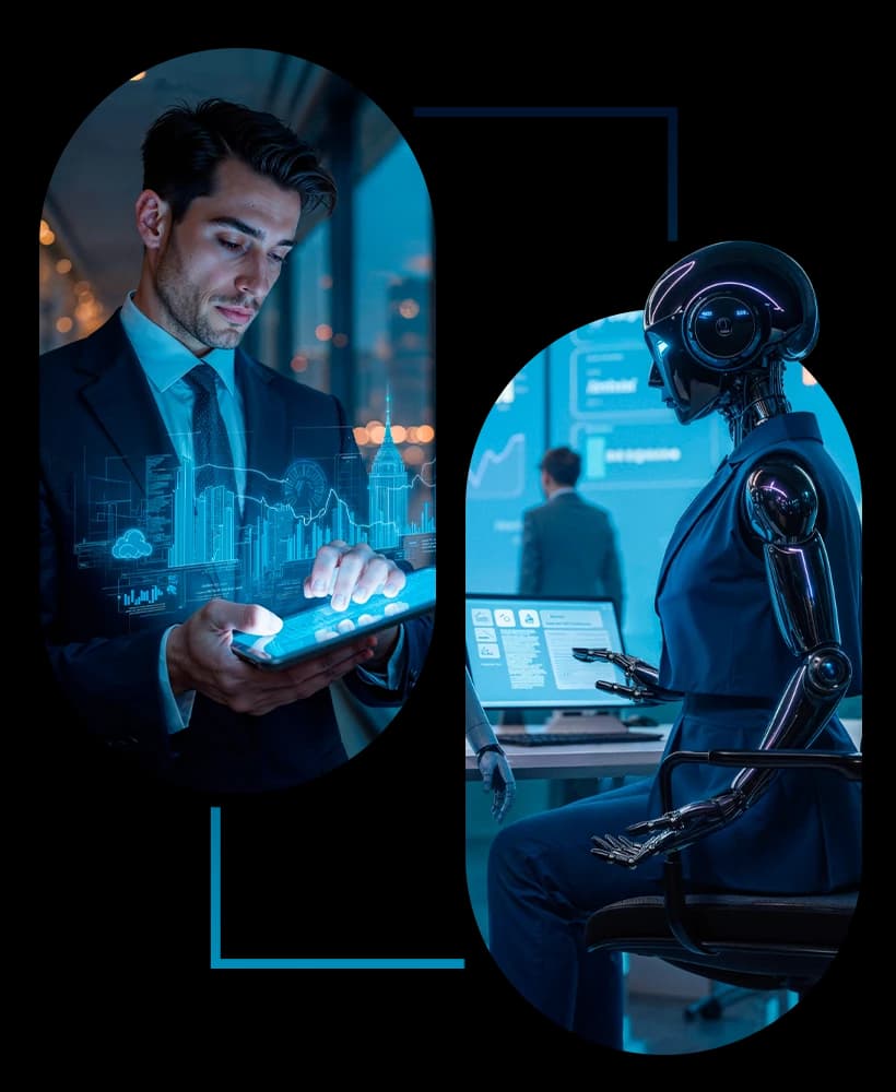 Woman working on a laptop beneath a digital globe representing global AI connectivity