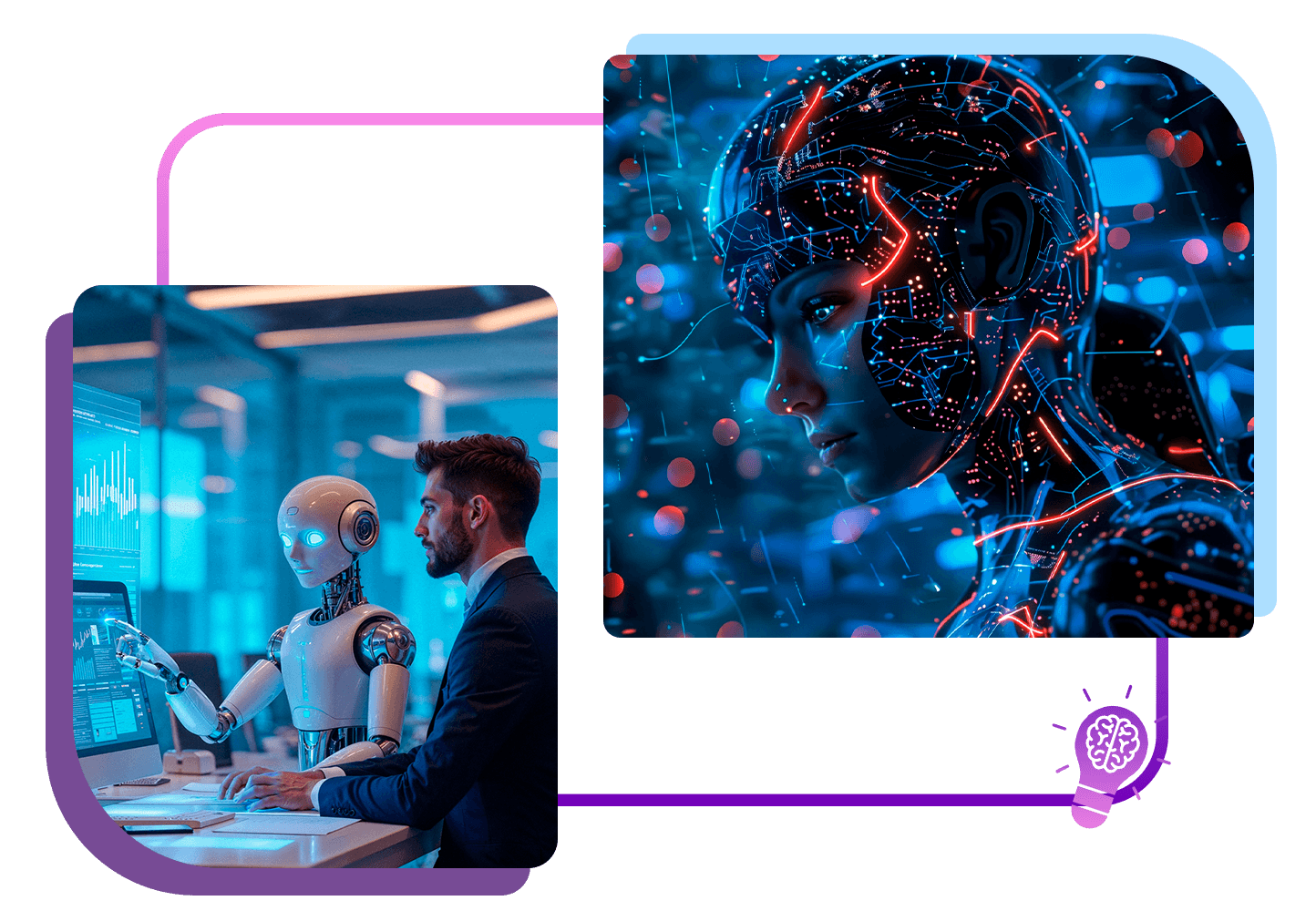 Professional working with an AI robot assistant beside a futuristic AI portrait