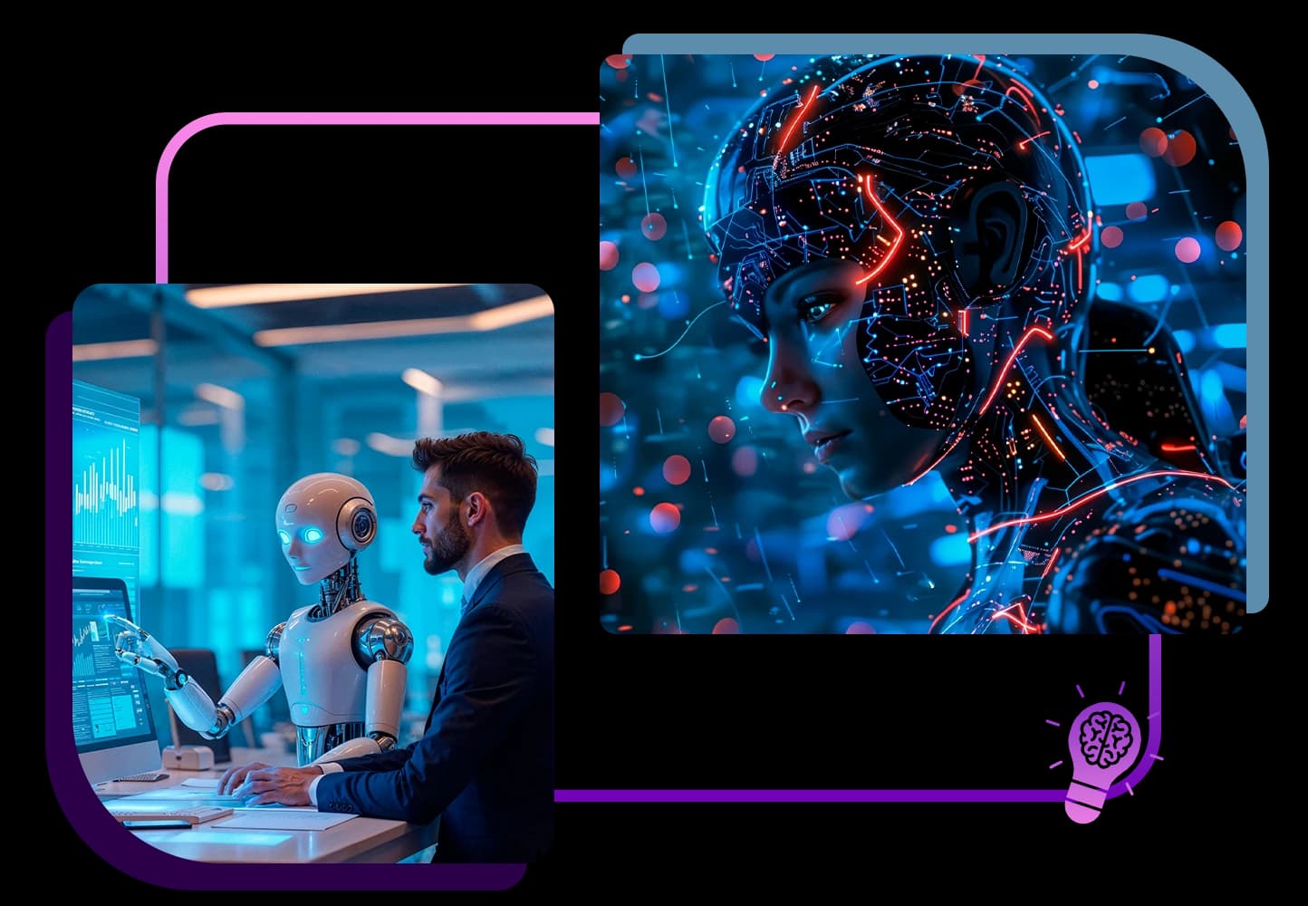 Professional working with an AI robot assistant beside a futuristic AI portrait