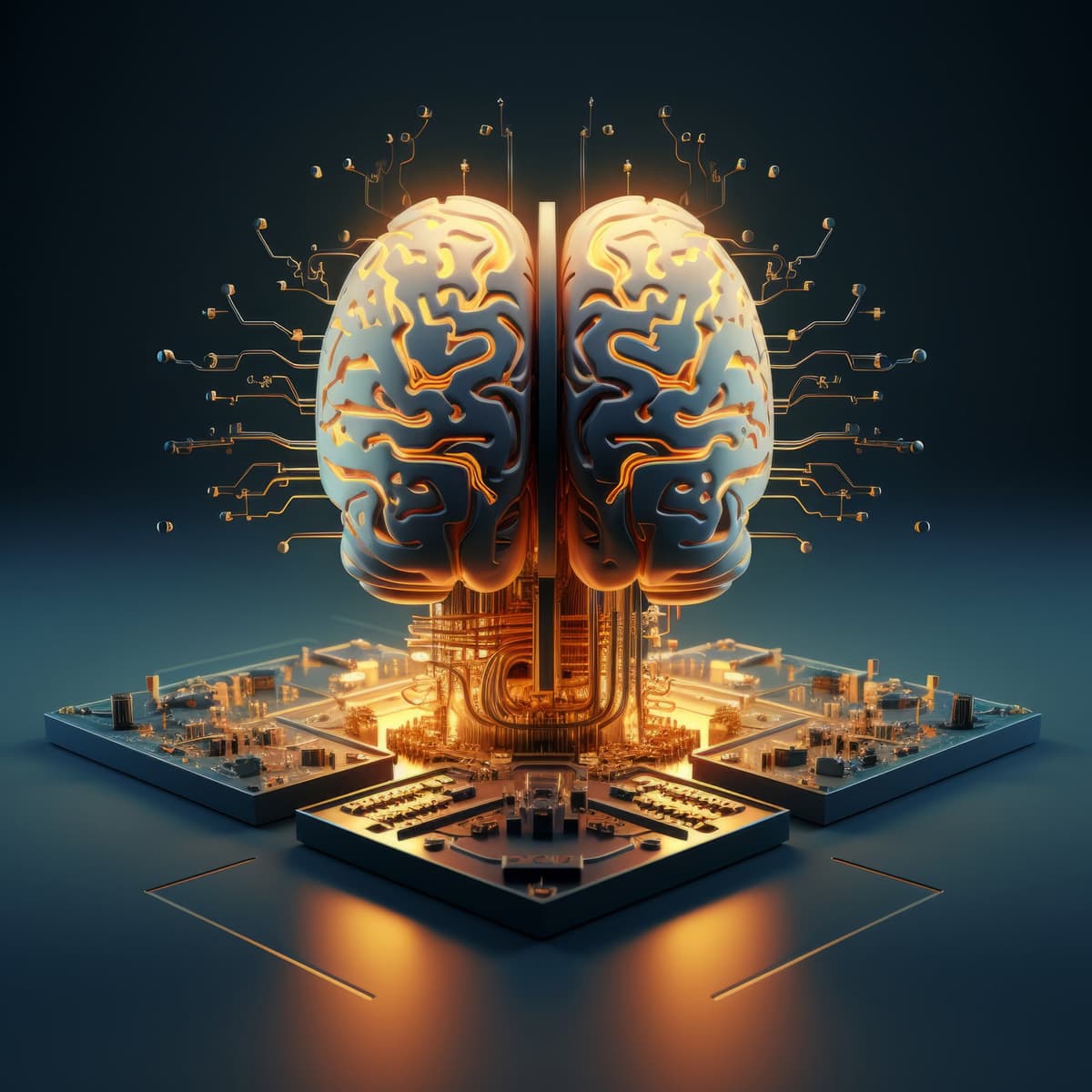 Glowing AI brain above a circuit board