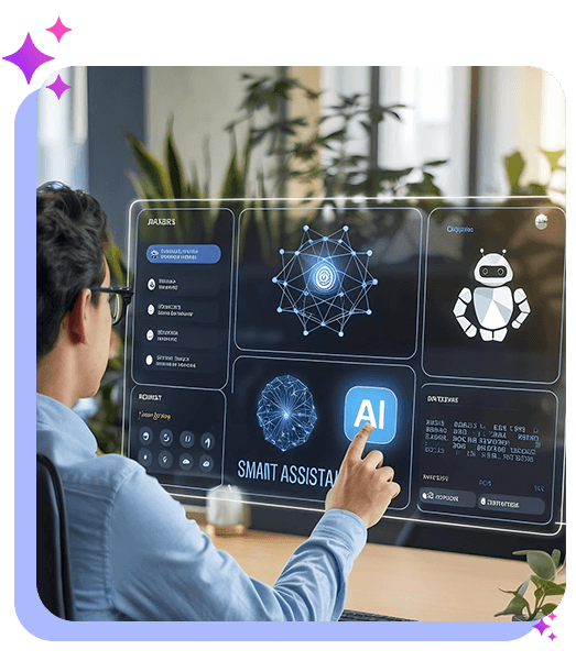 Professional interacting with a smart AI assistant dashboard