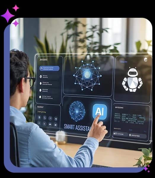 Professional interacting with a smart AI assistant dashboard