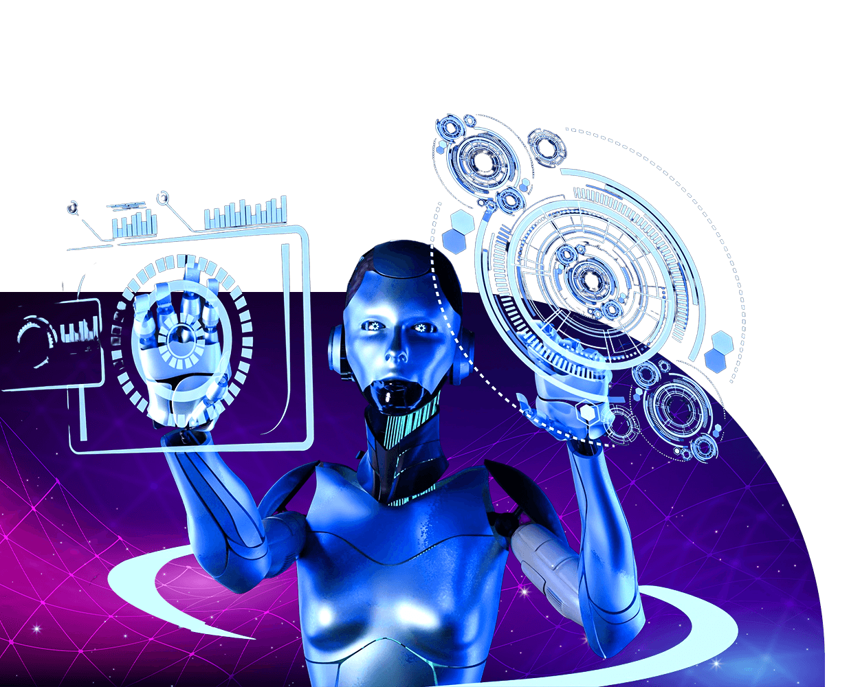 Professional working on a laptop beneath a digital globe representing global AI connectivity