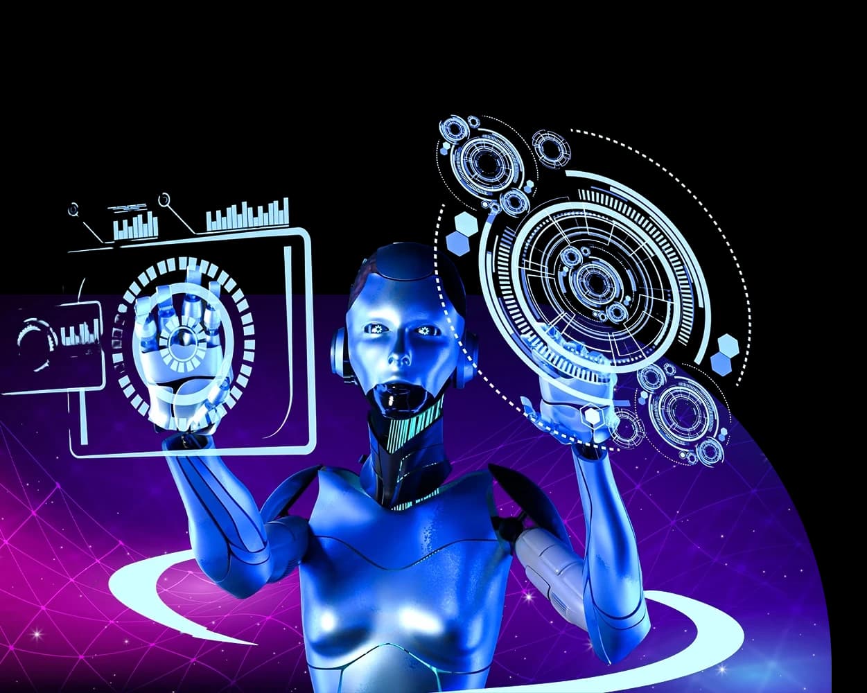 Professional working on a laptop beneath a digital globe representing global AI connectivity