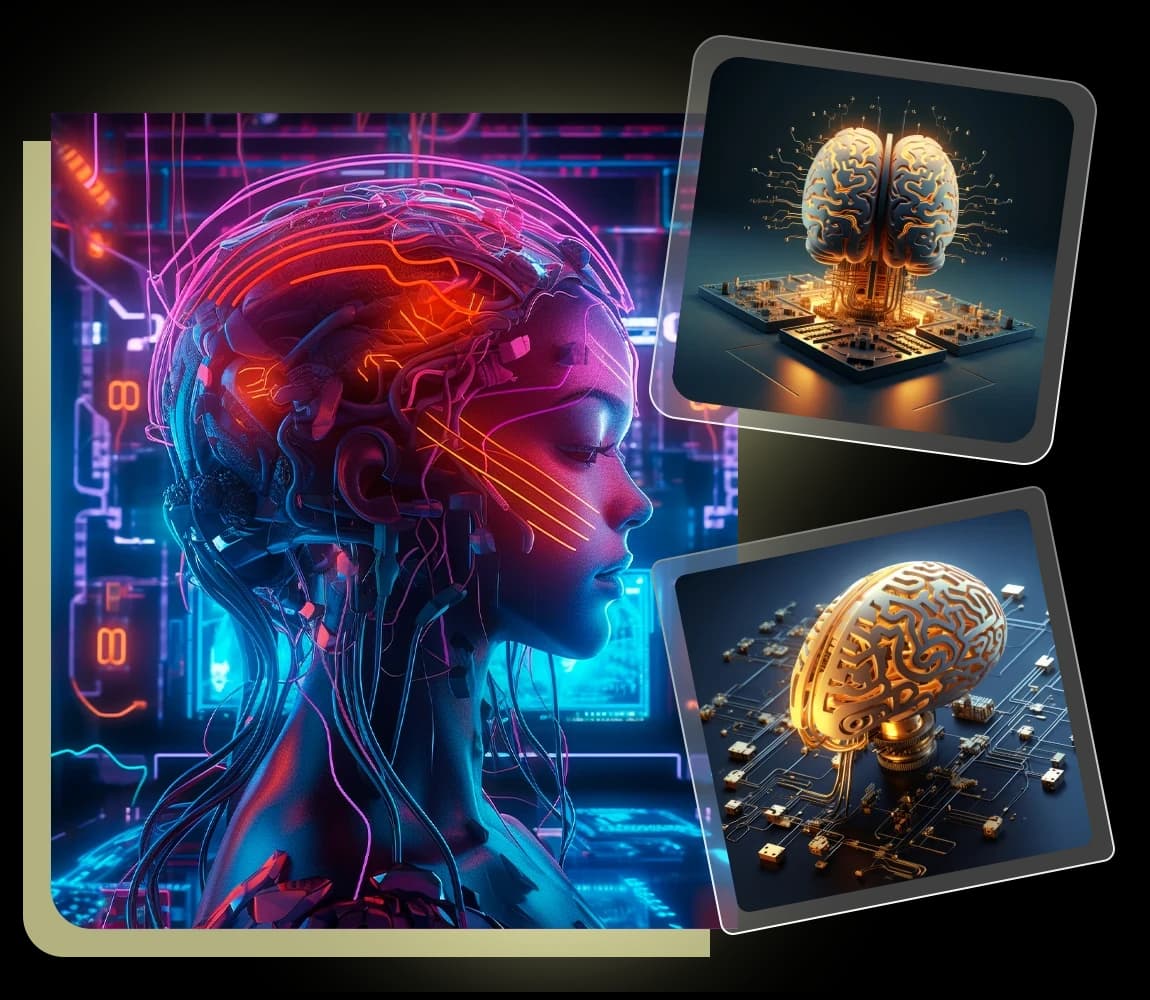 Futuristic AI portrait with glowing brain and circuit board visuals