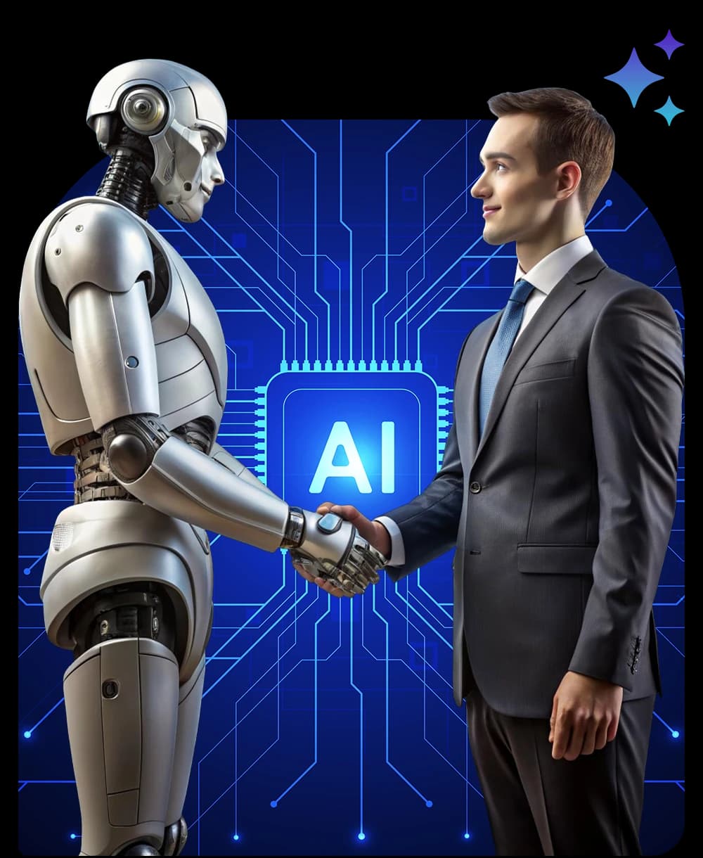 Humanoid robot shaking hands with a businessman in front of an AI chip