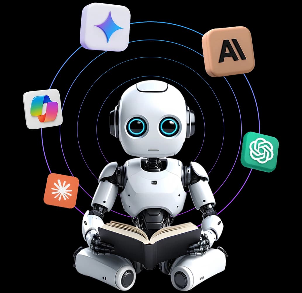 AI agent robot reading a book surrounded by connected AI tool icons
