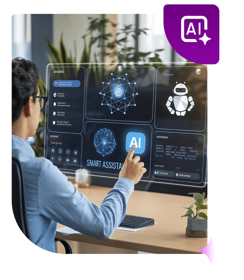 Professional interacting with a smart AI assistant dashboard
