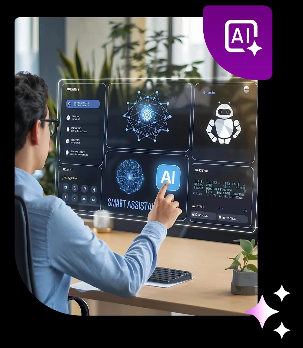 Professional interacting with a smart AI assistant dashboard