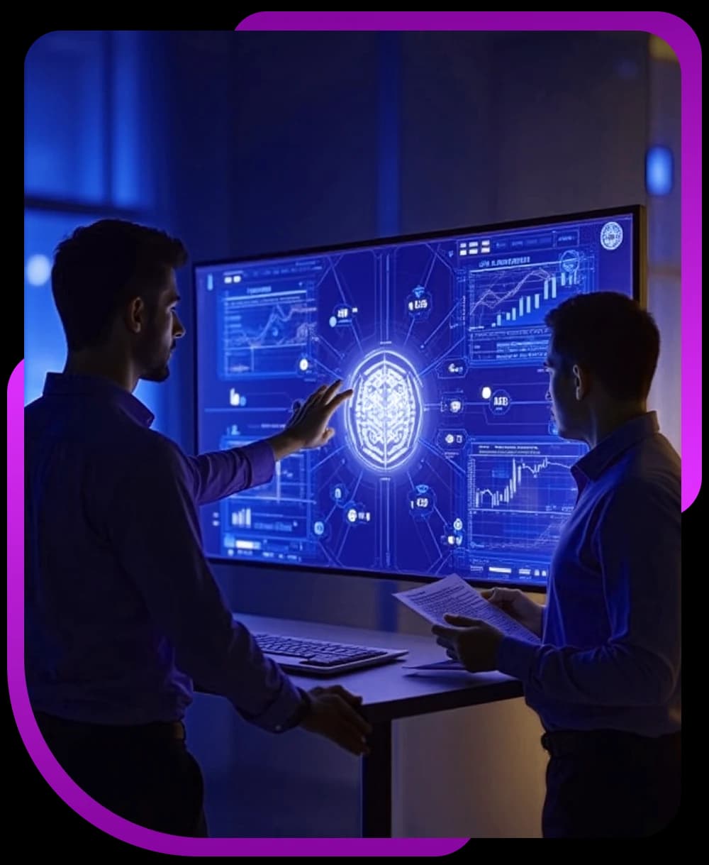 Two professionals reviewing AI analytics on a large digital display