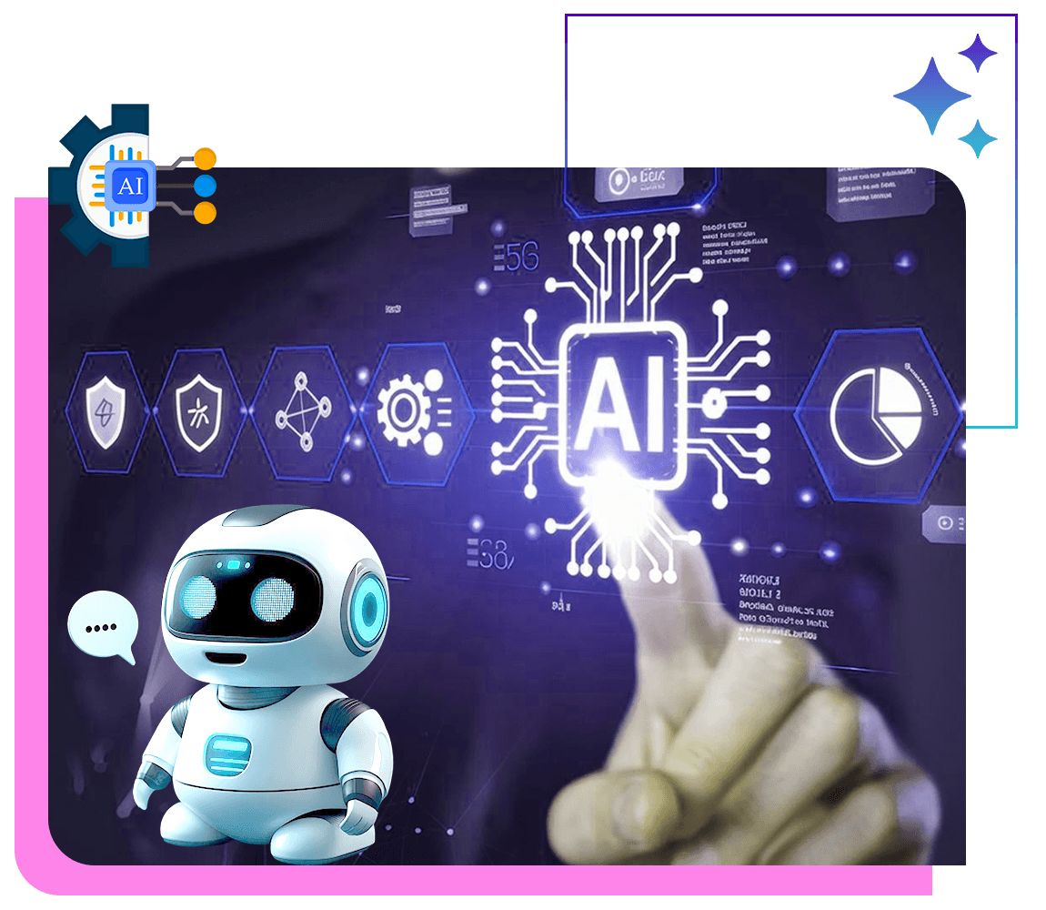 Friendly AI robot beside a glowing AI chip interface being touched by a hand