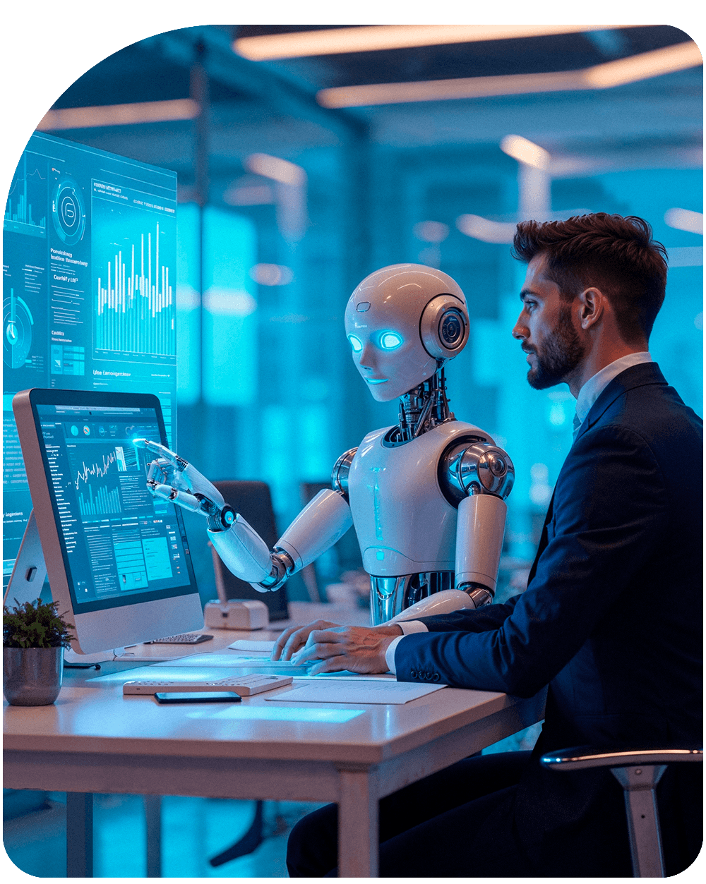 Professional working at a desk with an AI robot assistant