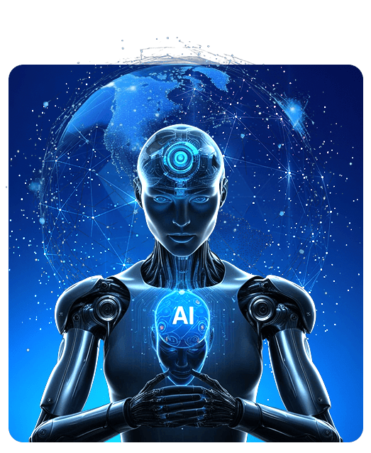 Humanoid AI robot holding a glowing AI brain in front of a digital globe