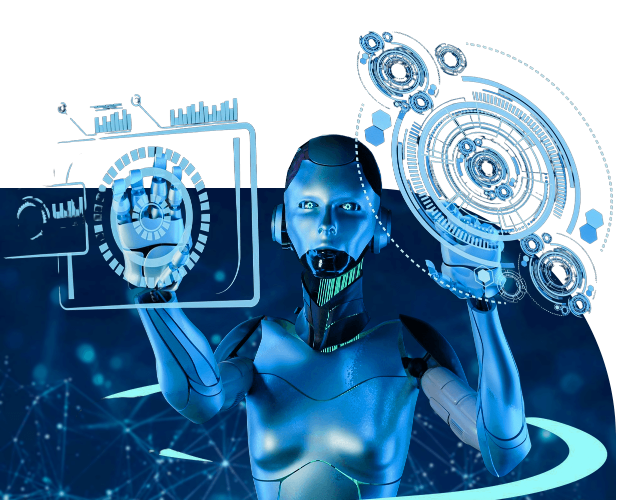 Futuristic AI robot interacting with holographic data interfaces