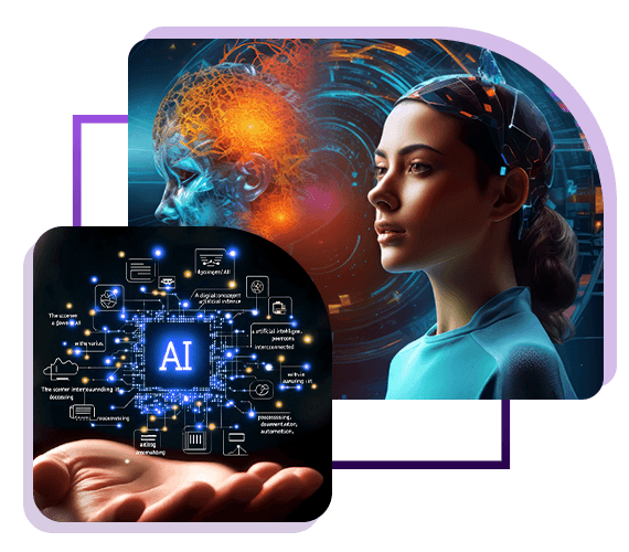 Woman working on a laptop beneath a digital globe representing global AI connectivity