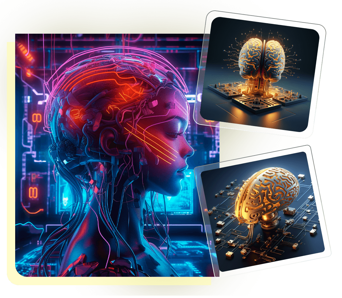 Futuristic AI portrait with glowing brain and circuit board visuals