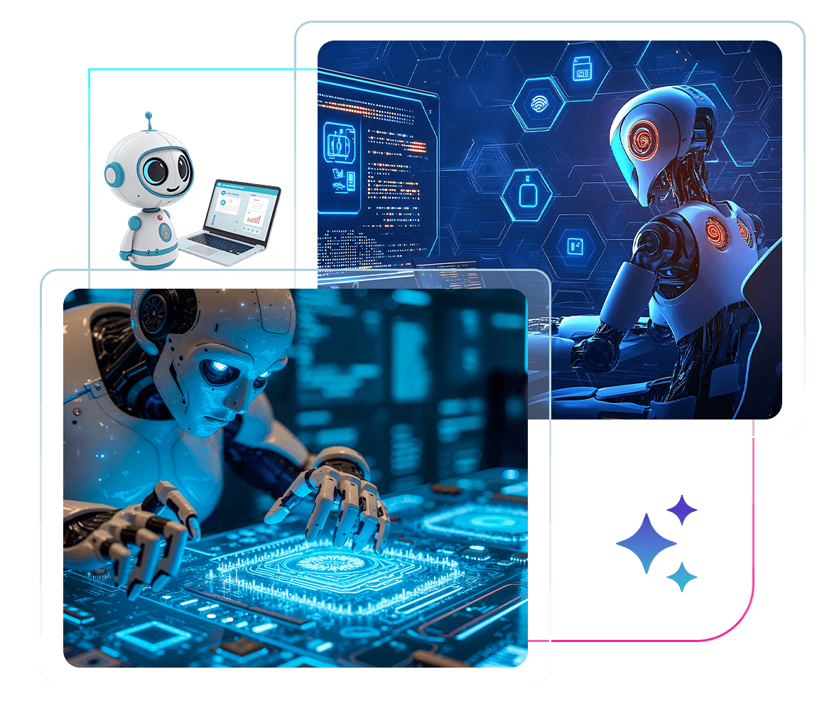 AI robots working with circuit boards and secure data interfaces