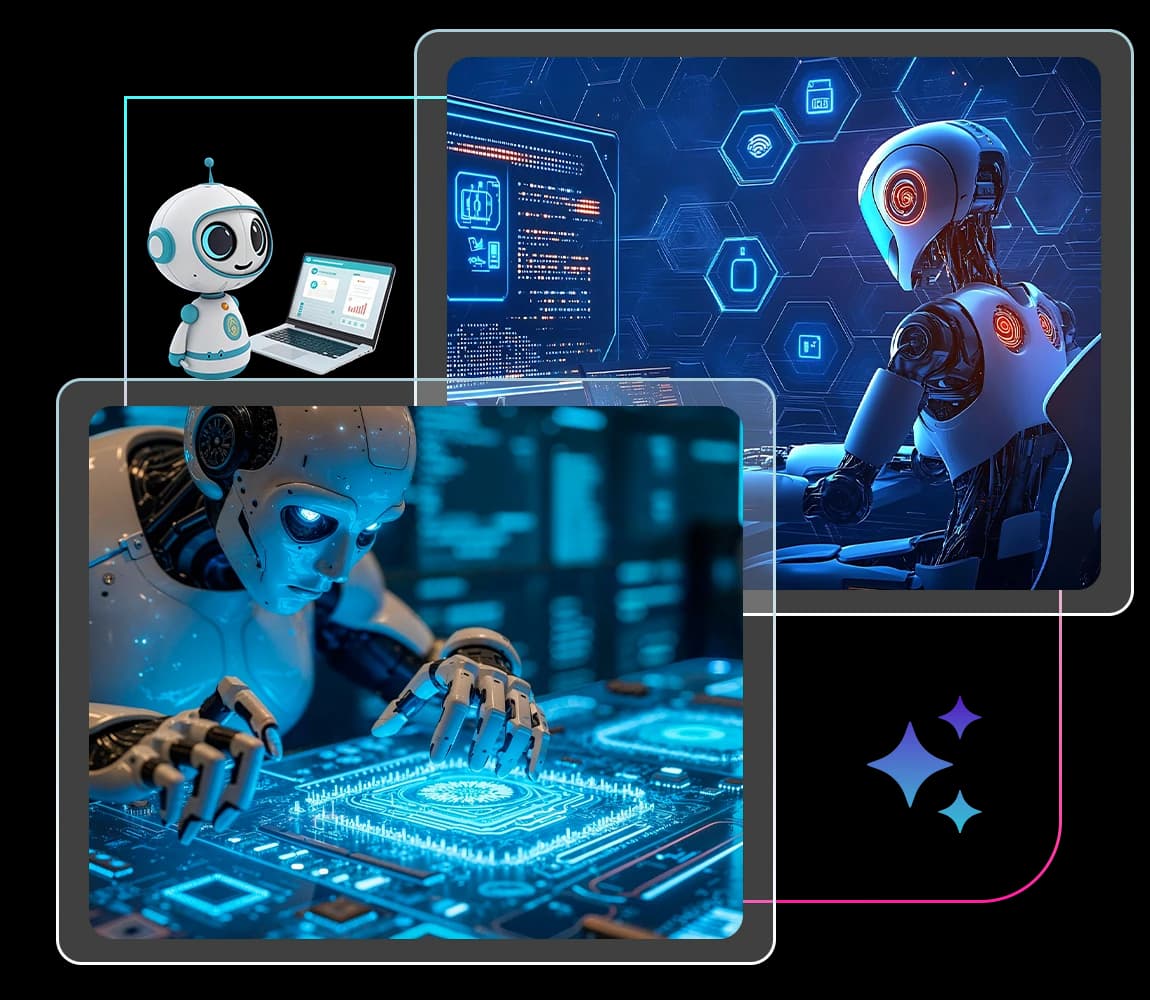 AI robots working with circuit boards and secure data interfaces