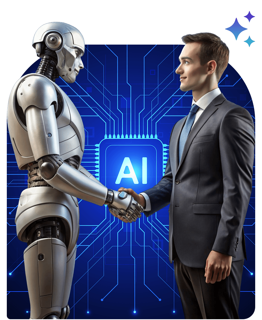 Humanoid robot shaking hands with a businessman in front of an AI chip