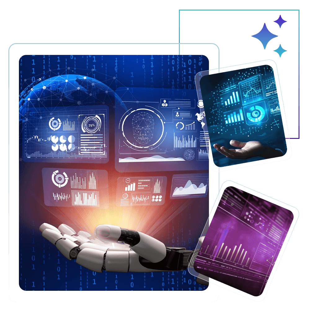 Robotic hand presenting holographic data dashboards and analytics