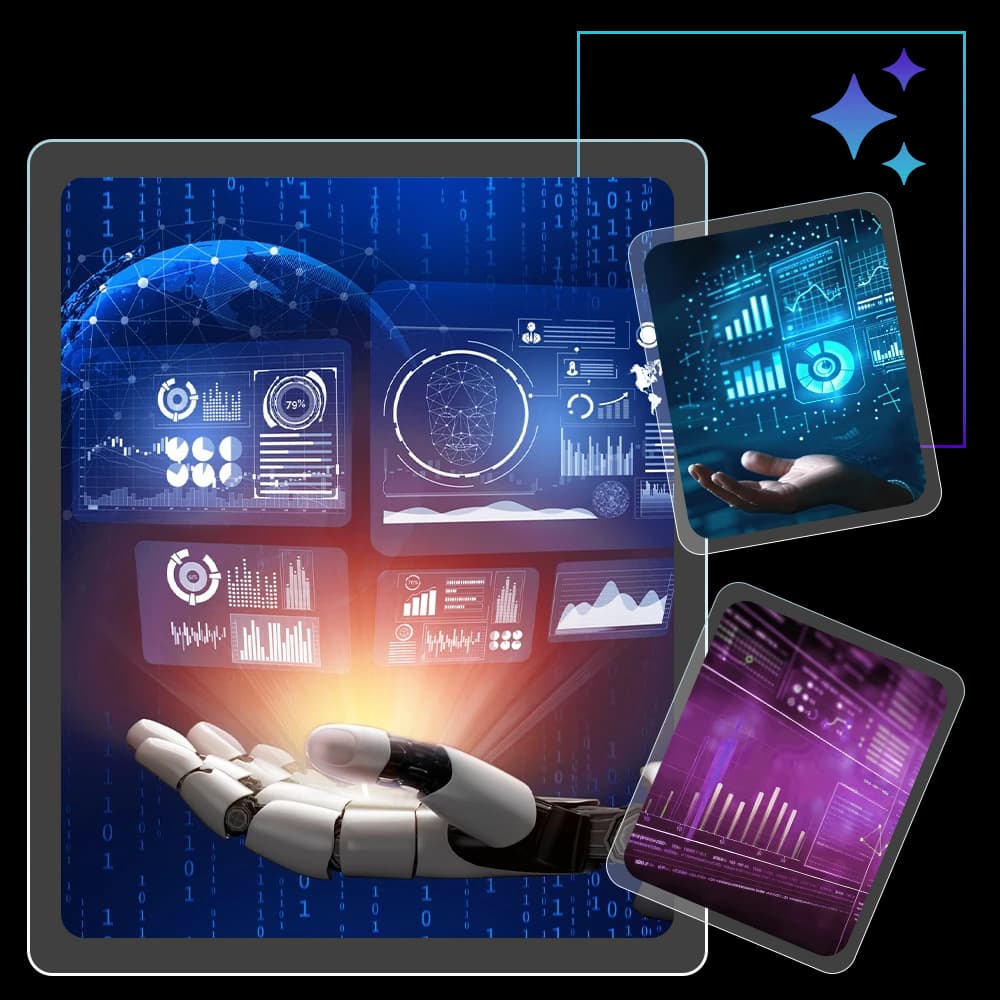 Robotic hand presenting holographic data dashboards and analytics