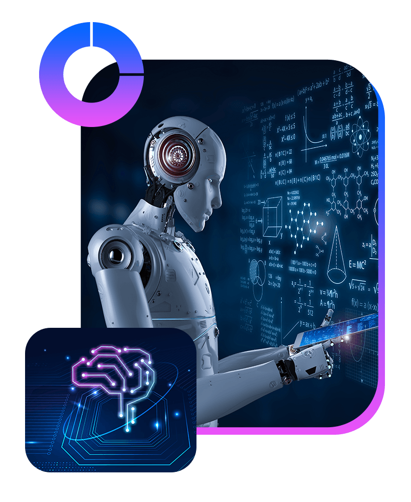 Humanoid robot analyzing mathematical formulas on a digital display
