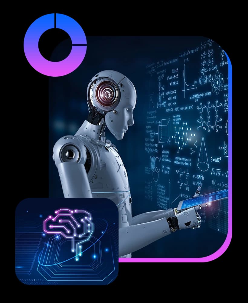 Humanoid robot analyzing mathematical formulas on a digital display