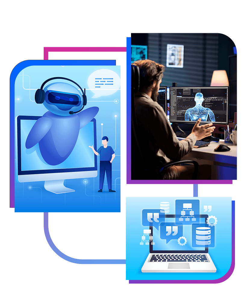 Developer working on an AI model beside an AI assistant and data workflow illustrations