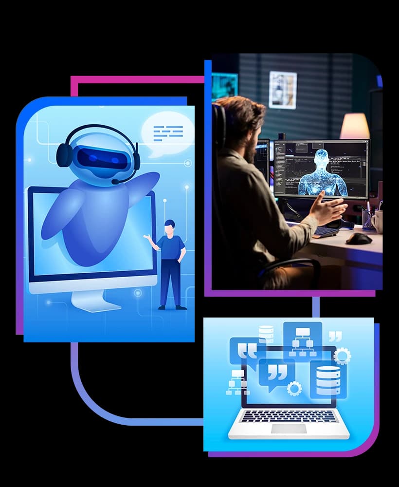 Developer working on an AI model beside an AI assistant and data workflow illustrations