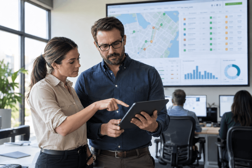 Operations managers reviewing an AI-assisted business workflow
