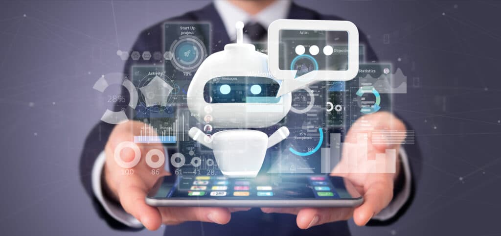 businessman holding chatbot with binary code message data
