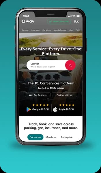 Way app screen on a teal background
