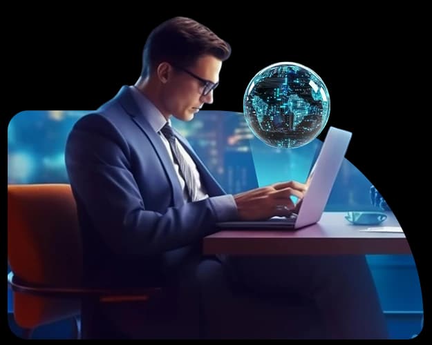 Professional working on a laptop beneath a digital globe representing global AI connectivity