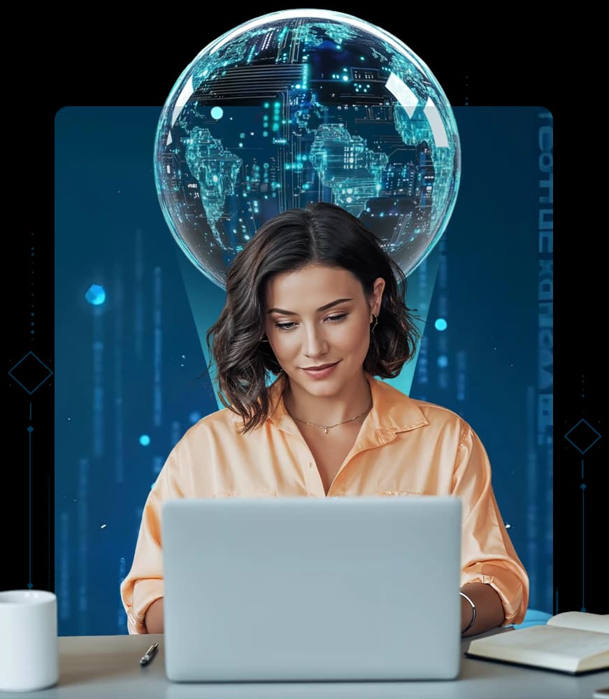 Woman working on a laptop beneath a digital globe representing global AI connectivity