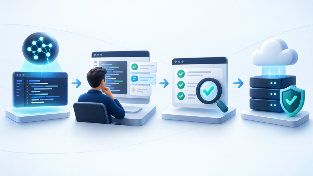 AI-assisted development workflow from code generation to human review, testing, and secure deployment