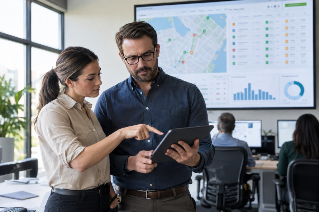 Operations managers reviewing an AI-assisted business workflow