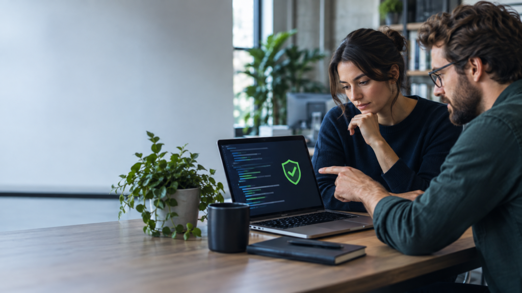 Software engineers reviewing AI-generated code with a security check