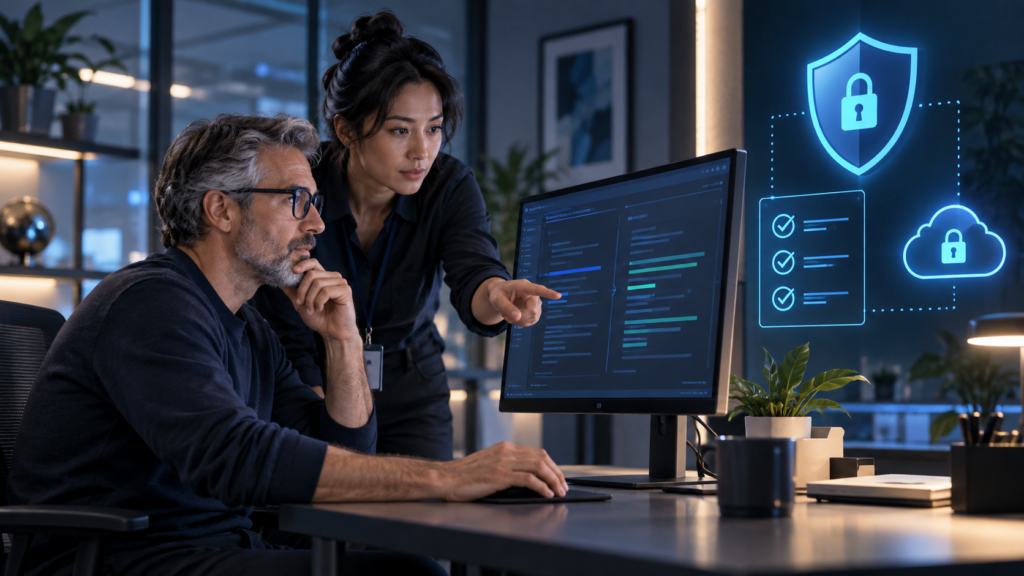 Developers reviewing AI-generated code with software security and governance checks